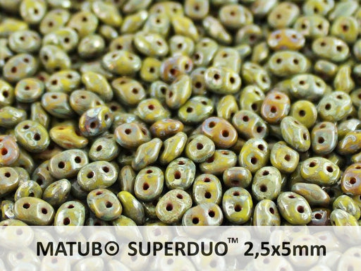 20 g 2-hole SuperDuo™ Seed Beads, 2.5x5mm, Opaque Green Picasso, Czech Glass