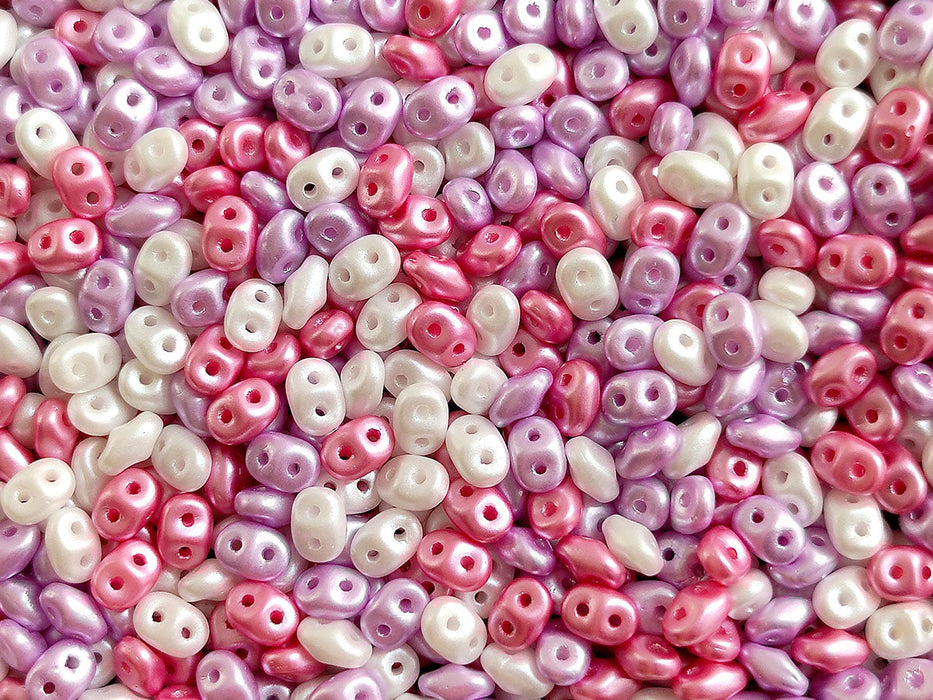 SuperDuo Seed Beads 2.5x5 mm, 2 Holes, Alabaster Pastel White Pink Lilac, Czech Glass