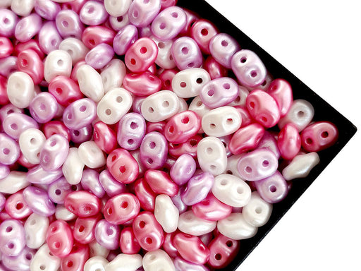 20 g SuperDuo Seed Beads 2.5x5 mm, 2 Holes, Alabaster Pastel White-Pink-Lilac, Czech Glass