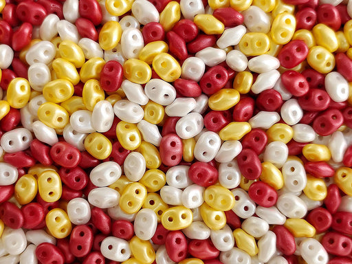SuperDuo Seed Beads 2.5x5 mm, 2 Holes, Alabaster Pastel White Yellow Dark Coral, Czech Glass