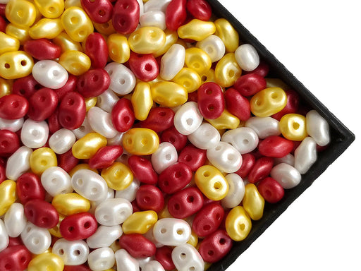 20 g SuperDuo Seed Beads 2.5x5 mm, 2 Holes, Alabaster Pastel White-Yellow-Dark Coral, Czech Glass