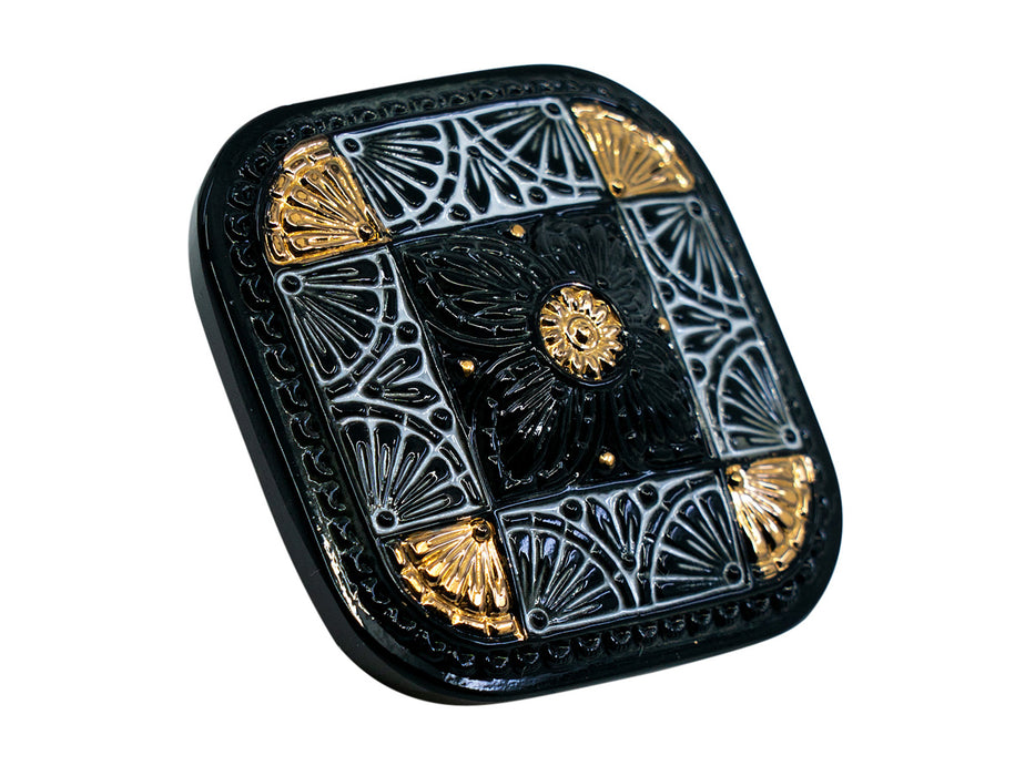 1 pc Czech Glass Button Square 33x33 mm Hand Painted, Czech Glass Buttons, Jet Black With Gold White Symmetrical Ornament, Czech Glass