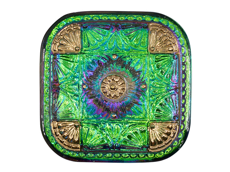 1 pc Czech Glass Button Square 33x33 mm Hand Painted, Purple Green Vitrail Gold, Czech Glass
