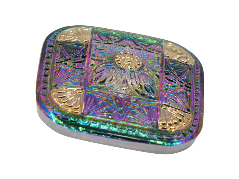 1 pc Czech Glass Button Square 33x33 mm Hand Painted, Purple Green Vitrail Gold, Czech Glass