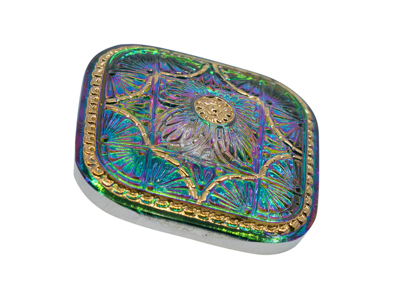 1 pc Czech Glass Button Square 33x33 mm Hand Painted, Green Vitrail Gold Ornament, Czech Glass