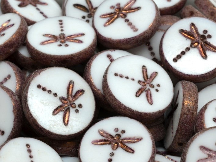 Dragonfly Coin Beads 17 mm, Alabaster Bronze Luster, Czech Glass