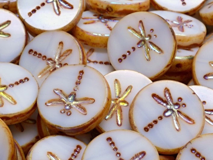 Dragonfly Coin Beads 17 mm, Alabaster Travertine Full AB, Czech Glass