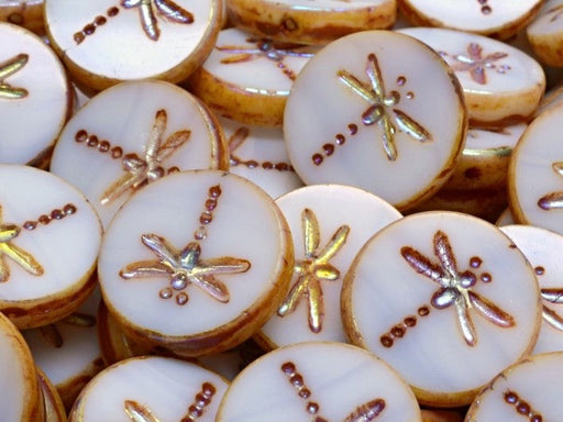 Dragonfly Coin Beads 17 mm, Alabaster Travertine Full AB, Czech Glass