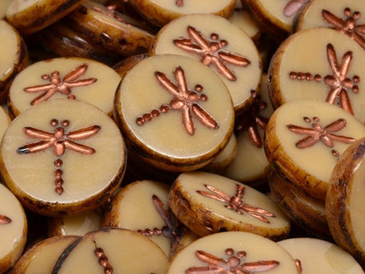 Dragonfly Coin Beads 17 mm, Beige Opaque Travertine with Copper Decor, Czech Glass