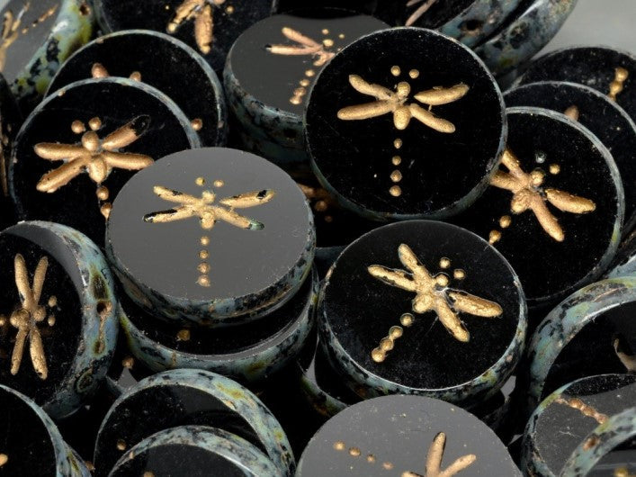 Dragonfly Coin Beads 17 mm, Jet Black Travertine with Gold Decor, Czech Glass
