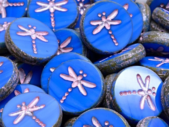 Dragonfly Coin Beads 17 mm, Opaque Medium Blue Travertine with Fuchsia Decor, Czech Glass