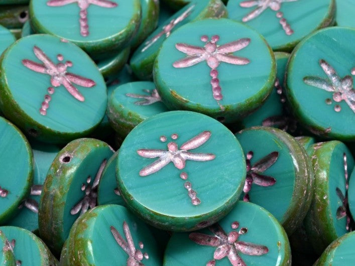 Dragonfly Coin Beads 17 mm, Opaque Turquoise Green Travertine with Fuchsia Decor, Czech Glass