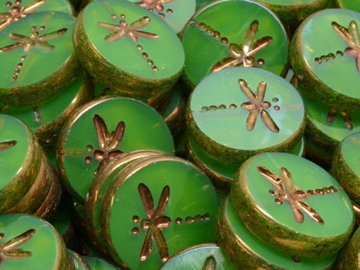 Dragonfly Coin Beads 17 mm, Green Opal Bronze Luster, Czech Glass