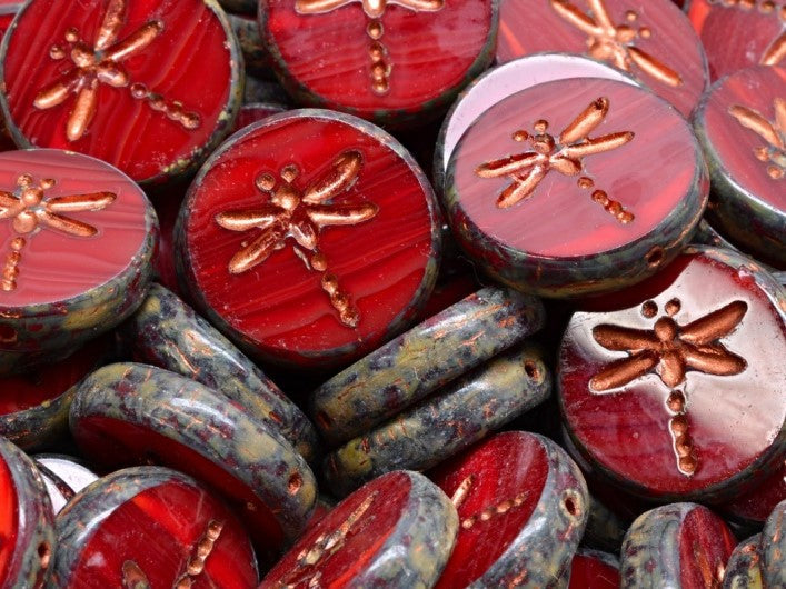 Dragonfly Coin Beads 17 mm, Garnet Opal Travertine with Copper Decor, Czech Glass