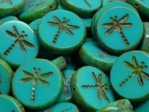 Dragonfly Coin Beads 17 mm, Opaque Turquoise Green Travertine, Czech Glass