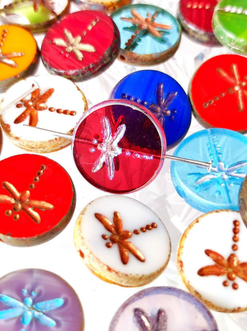 10 pcs Dragonfly Coin Beads 17 mm, Mix, Czech Glass