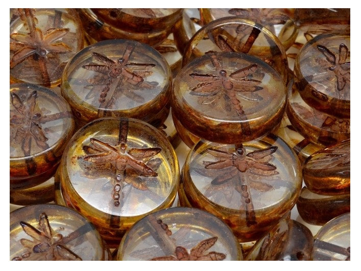 Dragonfly Coin Beads 17 mm, Crystal Travertine, Czech Glass