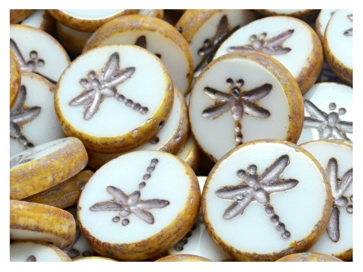 Dragonfly Coin Beads 17 mm, Alabaster Travertine with Silver Decor, Czech Glass