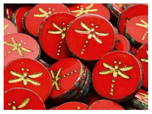 Dragonfly Coin Beads 17 mm, Opaque Red Travertine with Gold Decor, Czech Glass