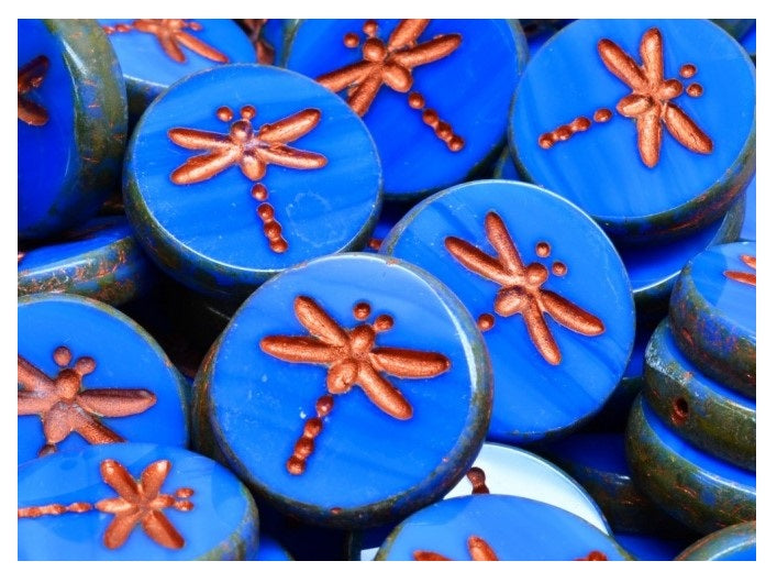 Dragonfly Coin Beads 17 mm, Opaque Medium Blue Travertine with Copper Decor, Czech Glass