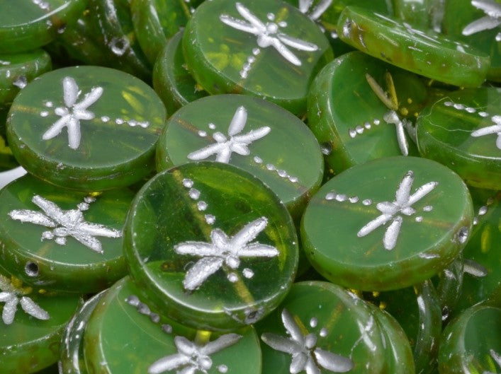 Dragonfly Coin Beads 17 mm, Green Opal Travertine with Silver Decor, Czech Glass
