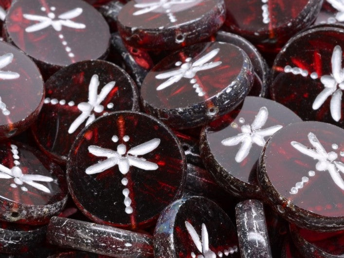 Dragonfly Coin Beads 17 mm, Fuchsia Travertine with Silver Decor, Czech Glass
