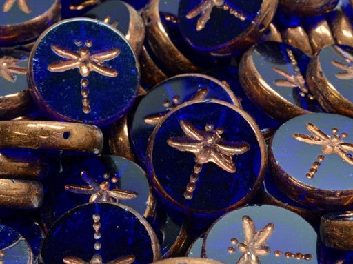 Dragonfly Coin Beads 17 mm, Cobalt Blue Bronze Luster, Czech Glass