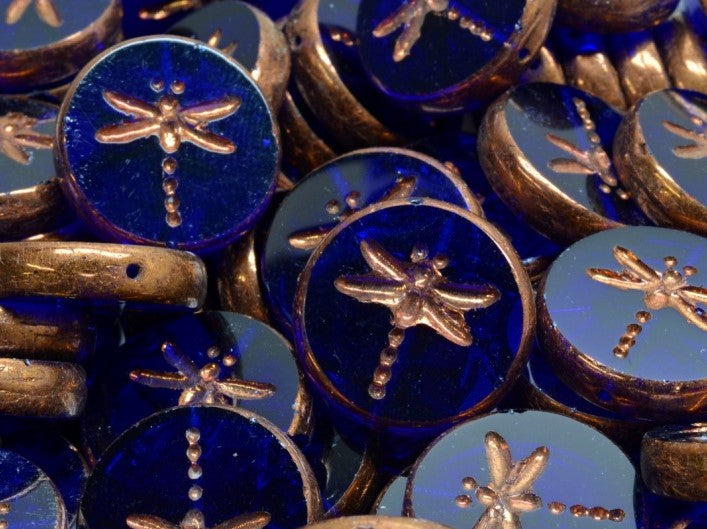 Dragonfly Coin Beads 17 mm, Cobalt Blue Bronze Luster, Czech Glass