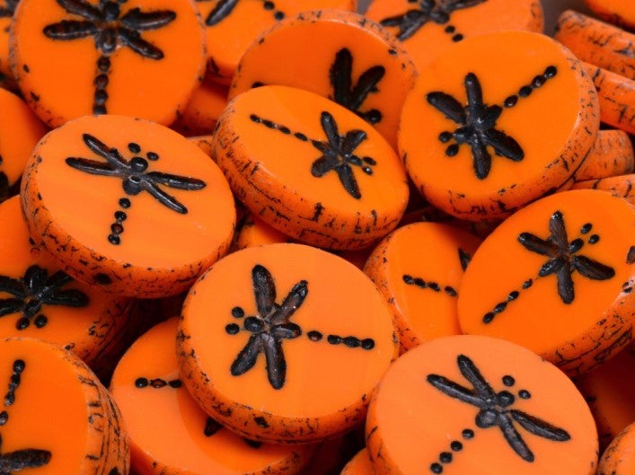 Dragonfly Coin Beads 17 mm, Opaque Orange with Black Decor, Czech Glass
