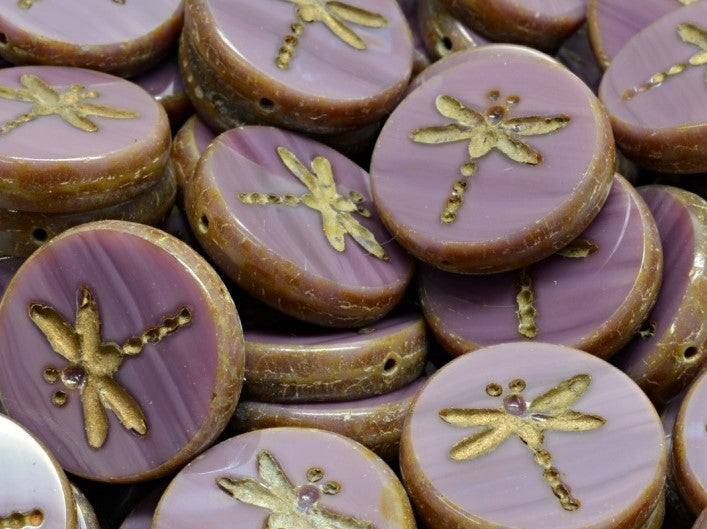 Dragonfly Coin Beads 17 mm, Opaque Amethyst Travertine with Gold Decor, Czech Glass