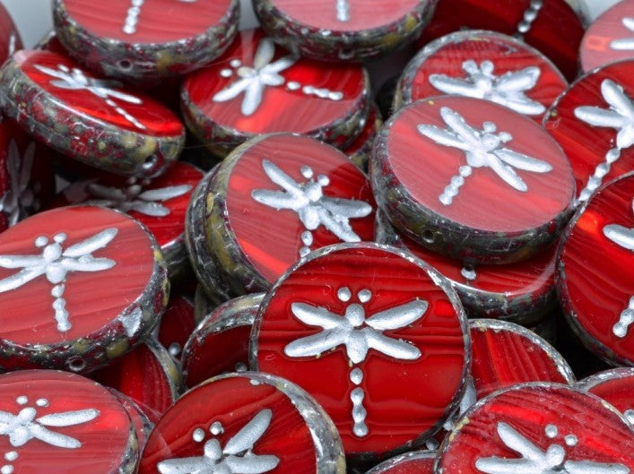 Dragonfly Coin Beads 17 mm, Garnet Opal Travertine with Silver Decor, Czech Glass