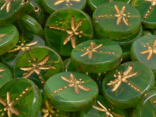 Dragonfly Coin Beads 17 mm, Green Opal Travertine with Gold Decor, Czech Glass
