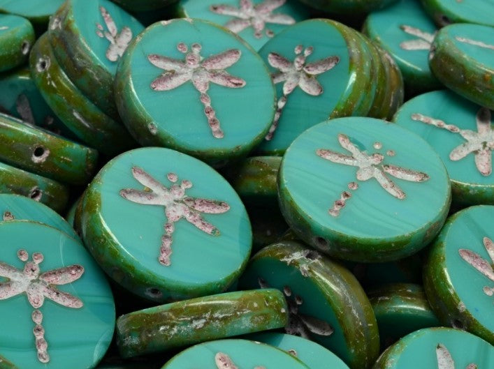 Dragonfly Coin Beads 17 mm, Opaque Turquoise Travertine, Czech Glass