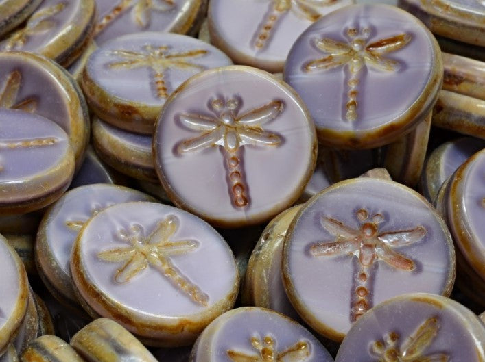 Dragonfly Coin Beads 17 mm, Amethyst With Silk Luster Travertine, Czech Glass