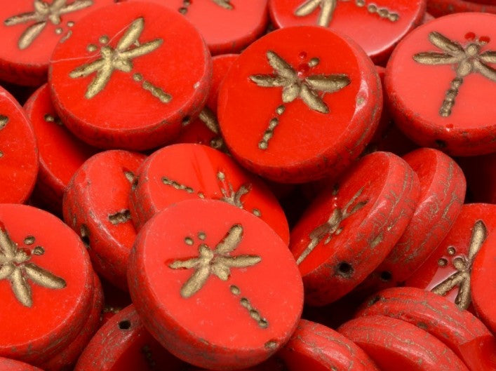 Dragonfly Coin Beads 17 mm, Coral Red with Gold Decor, Czech Glass