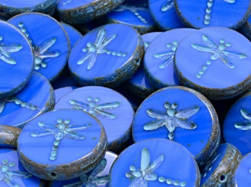 Dragonfly Coin Beads 17 mm, Opaque Medium Blue Travertine with Brown Decor, Czech Glass