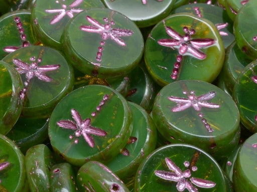 Dragonfly Coin Beads 17 mm, Olive Travertine with Fuchsia Decor, Czech Glass
