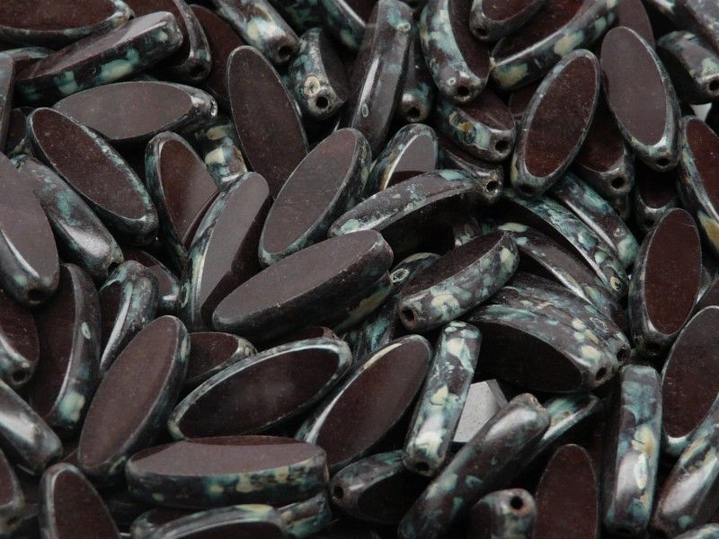 10 pcs Table Cut Beads Spindle, 16x6mm, Dark Brown Travertine, Czech Glass