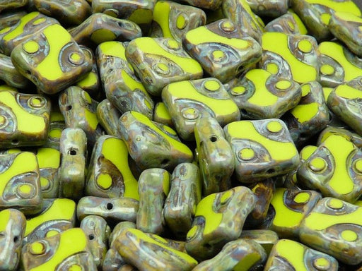 10 pcs Table Cut Beads Square, 10x10mm, Green Yellow Travertine, Czech Glass