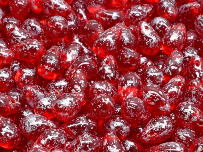 Teardrop Beads 6x9 mm, Ruby Silver Splash, Czech Glass