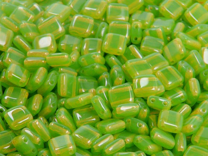 40 pcs 2-hole Tile Pressed Beads, 6x6x3mm, Green Opal, Czech Glass