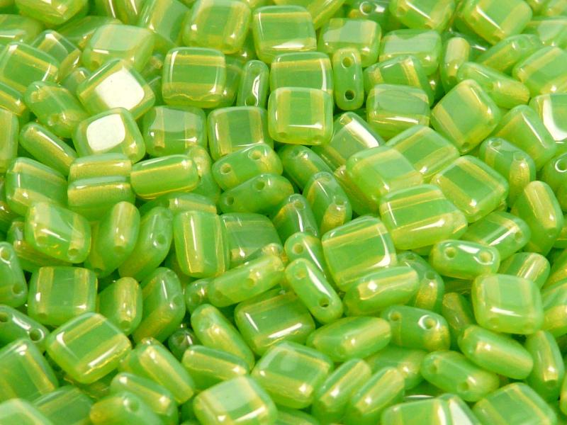 40 pcs 2-hole Tile Pressed Beads, 6x6x3mm, Green Opal, Czech Glass