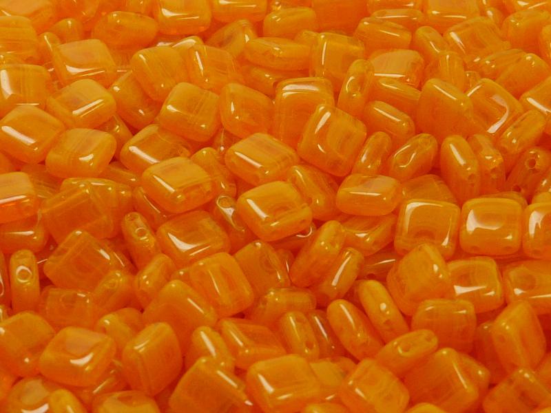 40 pcs 2-hole Tile Pressed Beads, 6x6x3mm, Orange Opal, Czech Glass