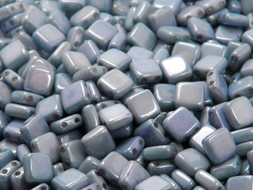 40 pcs 2-hole Tile Pressed Beads, 6x6x3mm, Opaque Chalk White Blue Luster, Czech Glass