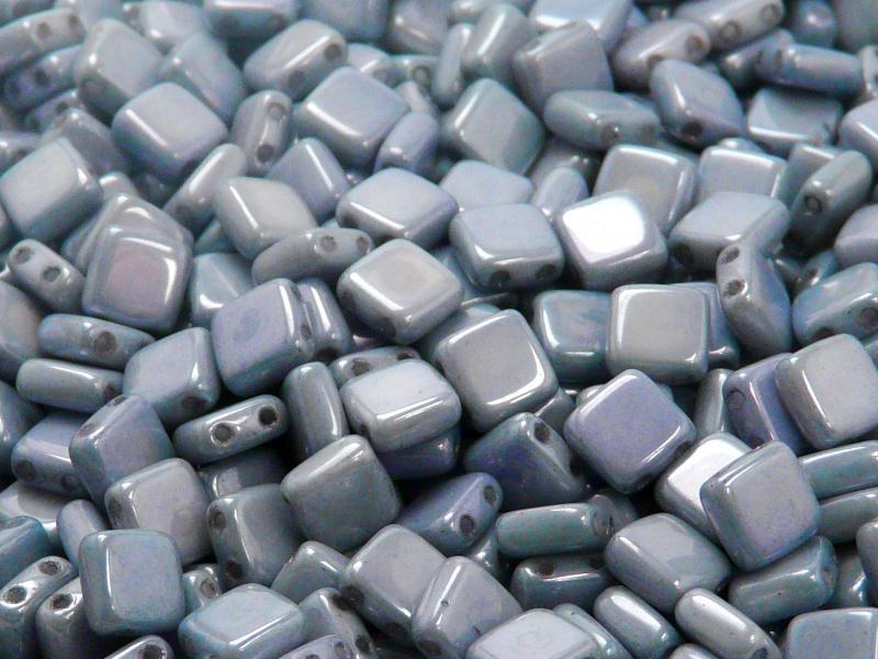 40 pcs 2-hole Tile Pressed Beads, 6x6x3mm, Opaque Chalk White Blue Luster, Czech Glass