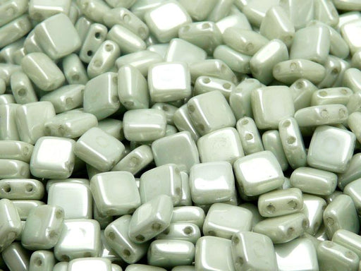 40 pcs 2-hole Tile Pressed Beads, 6x6x3mm, Opaque Chalk White Light Green Luster, Czech Glass