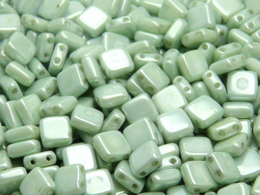 40 pcs 2-hole Tile Pressed Beads, 6x6x3mm, Opaque Chalk White Light Green Luster, Czech Glass