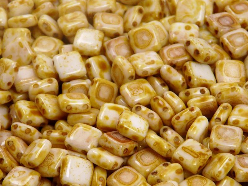 40 pcs 2-hole Tile Pressed Beads, 6x6x3mm, Opaque Chalk White Travertine, Czech Glass