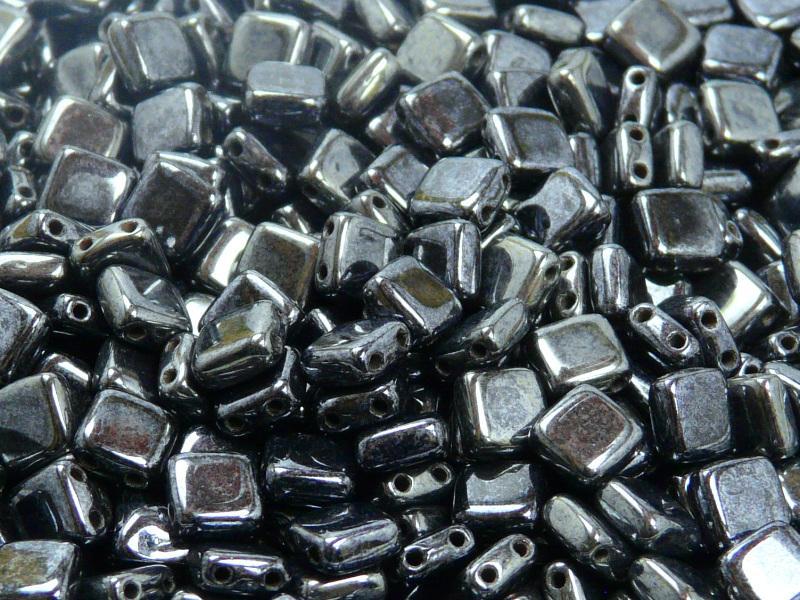 Tile Beads 6x6x3 mm 2 Holes Jet Hematite Czech Glass Grey