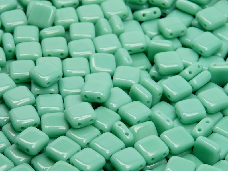 40 pcs 2-hole Tile Pressed Beads, 6x6x3mm, Opaque Turquoise Green, Czech Glass